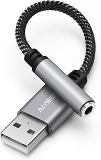 USB to 3.5mm Female Audio Adapter Cable, Nylon Braided 15cm USB Male to Aux Jack Stereo Converter with Hi-Res Chip, Plug & Play, for Headphones, Speakers, Car AUX (Grey)