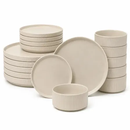 Vajilla N&oacute;rdica Minimalista De Cer&aacute;mica De 18 Piezas Con Platos Y Bowls Estilo Escandinavo Elegante Para Cocina Comedor Hogar Moderna Duradera Resistente De F&aacute;cil Limpieza Levys Bazar Beige