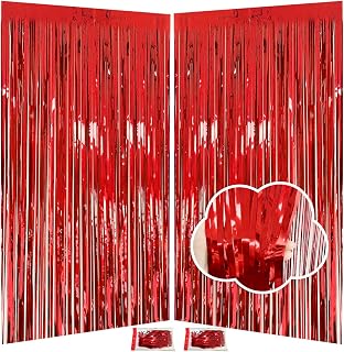 Valentines Day Decorations - Red Tinsel Backdrop Galentines Day Decorations 3.3x8.2ft, 2 Pack Foil Fringe Curtains Photo Booth Props for Birthday Party, Red Streamer Backdrop for Christmas
