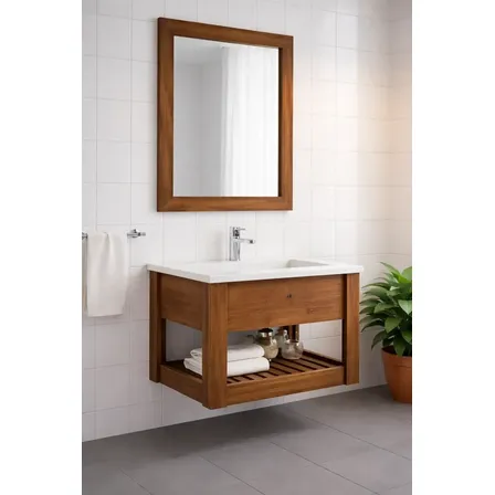 Vanitory Colgante 50cm N&oacute;rdico Bacha + Griferia + Espejo Marr&oacute;n Blanco Un Agujero