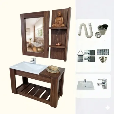 Vanitory Colgante P/ Ba&ntilde;o 60x33x40 &iexcl;todo Incluido Nogal Blanca Un Agujero Cromada