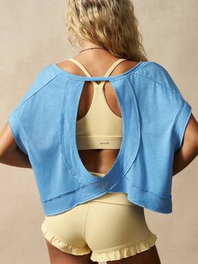 VARSIVA Solid Color Backless Round Neck Loose Short Sleeve Sports T-Shirt  Flash Sale