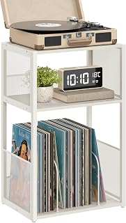 VASAGLE 3-Tier Record Player Stand, Vinyl Record Storage up to 100 Albums | Side Table, End Table for Living Room, Bedroom, Rustic White, DACEY Collection ULET275W01