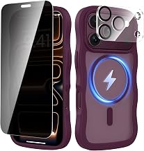 VEGO for iPhone 18 Pro Case with Priavcy Screen Protector, Burgundy | Compatible with MagSafe iPhone 18 Pro Phone Case with Camera Lens Protector Cute Wave Edge Full-Body Shockproof Case, Girly