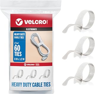VELCRO Brand Heavy Duty ONE-WRAP Cable Ties, 8in x 1/2in, White, 60 Pack