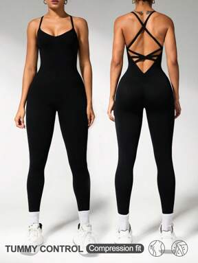 Velisys Velisys Women's Solid Color Back Waist V-Crossed Simple Casual Jumpsuit Gym Women Outfit Body Suit  Flash Sale