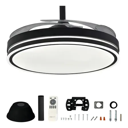 Ventilador De Techo Kanji Retr&aacute;ctil Negro 4 Aspas 6 Velocidades Luz Calida Natural Fria