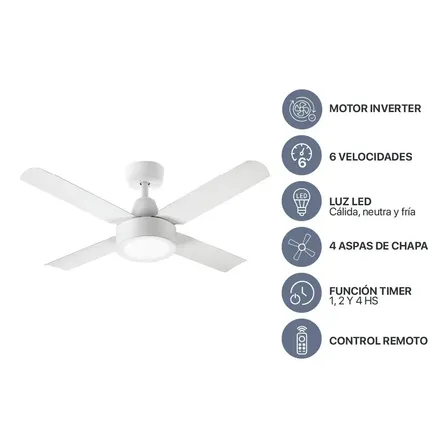 Ventilador De Techo Motor Inverter Codini - Vtiar42mb 1.06 M 50hz Blanco 4 Aspas Met&aacute;licas