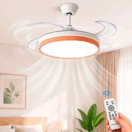 Ventilador De Techo Retracil Novohome Luz Led Y 4 Aspas Retractiles Silencioso Con Control Remoto Color Blanco Y Madera Estilo Bamboo 42 Cm Pl&aacute;stico