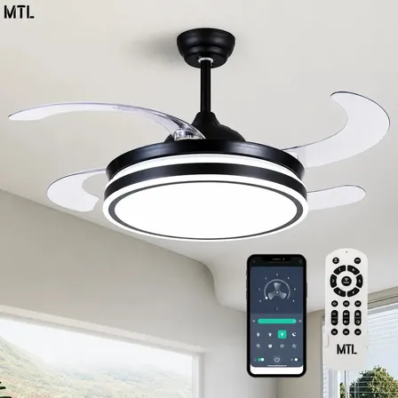 Ventilador De Techo Retr&aacute;ctil Mtl Negro Con Luz Led 3 Tonos Control Remoto Y App Wifi 6 Velocidades Aspas Reversibles Silencioso Smart Dise&ntilde;o Moderno Para Dormitorio Living Comedor