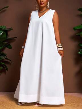 Veslaya Summer White Silky Smart Casual Holiday Maxi Dress,Plus Size Loose V-Neck A-Line Asymmetrical Hem,Vacation Commute Daily Outing Valentine's Day Outfit  #CasualOutfits