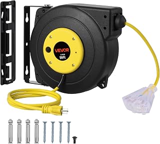 VEVOR Retractable Extension Cord Reel, 50 FT, Heavy Duty 14AWG/3C SJTOW Extension Power Cord with Lighted Triple Tap Outlet, 13A Circuit Breaker 180&deg; Swivel Bracket for Ceiling or Wall Mount, Yellow