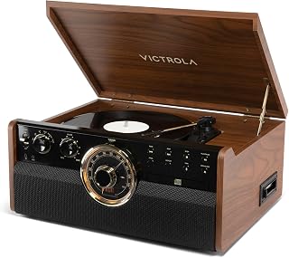 Victrola Empire - Wood 6-in-1 Bluetooth Record Player - Walnut | Mid-century wood music center plays vinyl, CD, cassette, FM radio and aux, built-in stereo speakers, RCA out, headphone jack