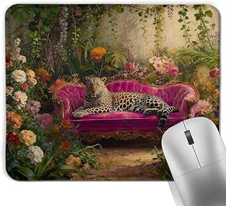 Vintage Flower Garden Leopard Square Mouse Pad, Maximalist Eclectic Cheetah Floral Landscape Mousepad Mat for Home Office Computer Gaming Desk Accessories 9.5x7.9 in