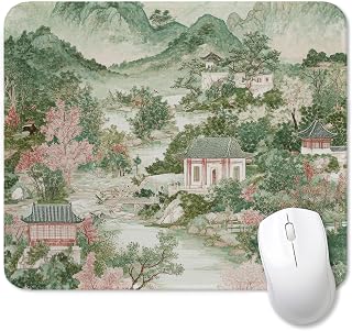 Vintage Green Chinoiserie Landscape Mouse Pad for Desk, Pink Cherry Blossom Oriental Garden Mousepads with Anti-Slip Rubber Base for Computer Laptop Home Office Desk Accessories, 9.5x7.9 Inch