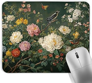 Vintage Spring Bird Floral Square Mouse Pad, Dark Green Cottagecore French Country Flower Garden Mousepad Mat for Home Office Computer Gaming Desk Accessories 9.5x7.9 in