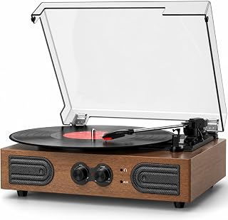 Vinyl Record Player with Built-in Stereo Speakers Vintage 3-Speed Belt-Driven Turntable with Bass/Treble Control, Headphone Jack, RCA & AUX Outputs, Walnut