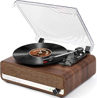 Vinyl Record Player with Speakers, 3 Speed Turntable with Mirror, Walnut | Latest Bluetooth 5.3, Aux Input, Headphone Jack, RCA Output, Auto Stop