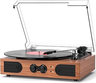 Vinyl Record Player with Speakers,Bass Control, 3 Speed Bluetooth Turntable | Built-in Stereo Speakers, Wireless Music Playback, Treble Tone Control, AUX Input, RCA Output, Headphone Jack,Auto Stop