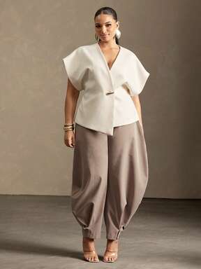 Vixey Solid Textured Woven Asymmetrical Hem Single Button Waistcoat Top  #LazyLuxeShirt
