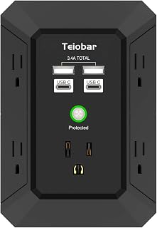 Wall Charger, Surge Protector, Teiobar 5 Outlet Extender with 4 USB Charging Ports(2USB-C), 3-Sided 1680J Power Strip Multi Plug Adapter Spaced for Home Travel Office, Black
