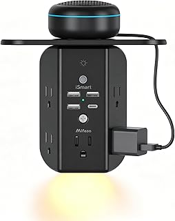 Wall Outlet Extender with Shelf and Night Light, Surge Protector, USB Wall Charger with 5 AC Outlets and 3 USB A Ports 1 USB C Port Wide Space 3-Sided Power Strip Multi Plug Outlets, Black
