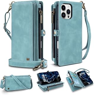 Wallet Case for iPhone 16 Pro Max Crossbody Flip Cover Baby Blue | 8 Card Slots,PU Leather Phone Case,RFID Blocking,Detachable Shoulder&Wrist Strap,Shockproof,Zipper Cash Pocket,Women Men,6.9"