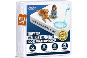 Waterproof Full Size Mattress Protector fits Upto 15" deep Mattresses | Utopia Bedding 200 GSM Soft & Breathable Mattress Cover, Dirt-Proof, Noiseless, Machine Washable Fitted Sheet Style, White