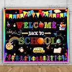 Welcome Back to School Backdrop 12x8ft Cartoon Bus Paint First of School Photography Background for Classroom Photo Decorations Teacher Students Welcome Back Props of Photoshoot