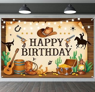 Western Cowboy Banner 71x43 Inch Happy Birthday Country Wild West Wood | Polyester Western Cowboy Happy Birthday Country Wild design for birthday party wall display and photo booth celebration decor