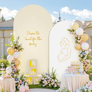 White and Beige Arch Backdrop Cover Set of 2 Party Wedding Arch Covers Stretchy Backdrop 7.2FT 6FT Decorations Baby Shower Bridal Shower Photo Birthday Arch Stand Cover Spandex