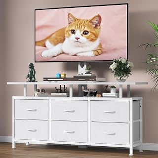 White TV Stand with Mount for 32/45/55/60/65/75 inch TVs, Entertainment Center with 6 Fabric Drawers & Open Shelf, TV Media Console for Living Room, Bedroom