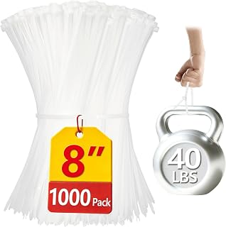 White Zip Ties 8 inch, 1000 Pack, 40lbs, Cable Ties, Zipties Clear, Boacua | 1000-Pack Versatile Ties: 8" clear cable ties, 40lbs tensile strength. Ideal for organizing cables, home & garden