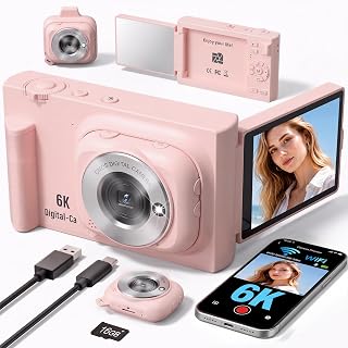 WiFi Vlogging Camera with Detachable Mini POV Camera for Travel & Vlogs | 6K detachable vlog cam w/ magnetic mount, WiFi transfer, webcam. 75MP photo, slow mo, timelapse for travel vlogging.