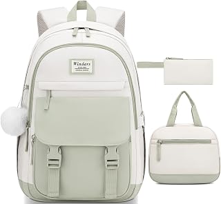 WINDARS School Backpack with Lunch Box for Teen Girls, Cute College Backpacks for Women Students Aesthetic Bookbag Large 15.6 Inch Laptop Bag Middle School Travel Back Pack (Khaki Beige-3 Pcs)