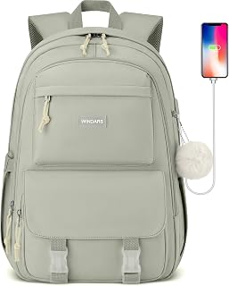 WINDARS School Backpacks for Girls Teens - 15.6 Inch College Backpack with USB Charger Lightweight Aesthetic Bookbag for High School Students Casual Daypacks Travel Backpack for Women Green
