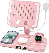 Wireless Charging Station for Apple Devices, Only for Apple Watch Charging | Included Type-C Cable for Tablet Charging, Foldable Wireless Charging Station, Cycling Ambient Lights, Time Clock Display