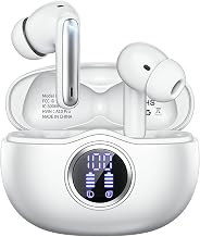 Wireless Earbuds, Bluetooth 5.3 Headphones HiFi Stereo 50H Playback LED Digital Display Ear Buds with ENC Noise Canceling Headset, IPX7 Waterproof Earphones for Gym/Running/Work（White）