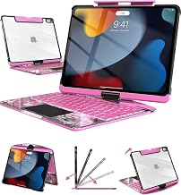 Wireless Keyboard Case for iPad 9th, 8th, and 7th Gen 10.2 Inch, Transparent Protective Cover with 7-Color Backlit Keyboard, 360 Rotating Stand, Multi-Touch Trackpad and Pencil Holder, Pink
