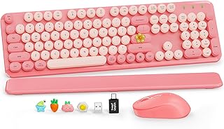 Wireless Keyboard and Mouse Combo, Cute Full-Size Retro Typewriter Keyboard with Round Keycaps, Magnetic Wrist Rest, Tilt Legs, 2.4GHz Cordless for Mac, Windows PC, Laptop, SABLUTE CK23, Baby Pink | Full-Size Retro Typewriter-Style Keyboard, Tilt Legs, Au