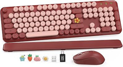 Wireless Keyboard and Mouse Combo, Round Keycaps, Full-Size Retro Typewriter Keyboard with Magnetic Wrist Rest, Tilt Legs, 2.4GHz Cordless for Mac, Windows PC, Laptop, SABLUTE CK23, Burgundy Red