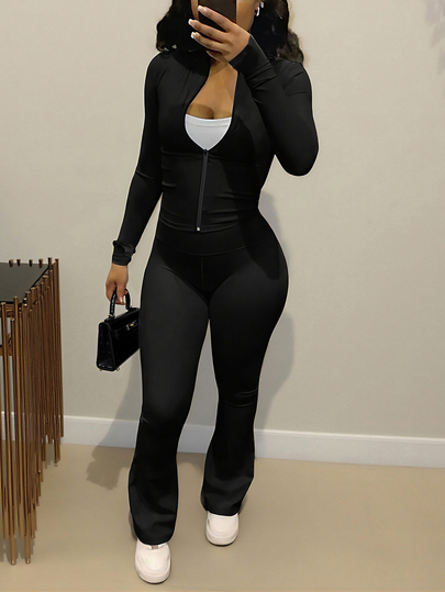 Women Autumn Winter European Style Fashion Cardigan & Zipper Tight Top & Wide Leg Pants pcs/Set Casual Black Spring Elegant Summer $18.81