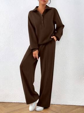 Women Fall  Piece Outfits Sweatsuits Quarter Button Long Sleeve Sweatshirt Wide Leg Pants Tracksuit Lounge Sets Fall Clothes For Women $3.90 48% OFF