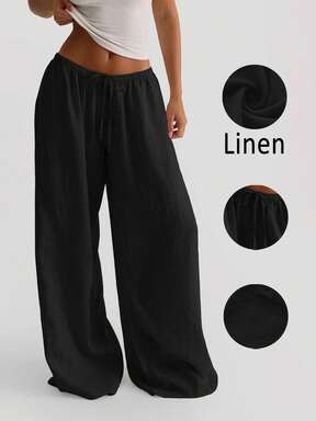Women's Casual Comfortable Versatile Linen Loose Flowy Wide Leg Pants Black Spring  Flash Sale