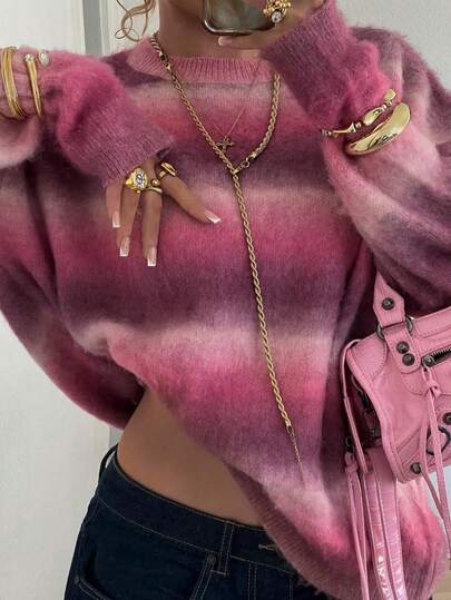Women's Cute Casual Space Dice Colorful YK Loose Long Sleeve Knit Pullover Sweater, Autumn/Winter Outing & Back To School Outfit $.9