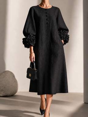 Women's Elegant Navy Blue D Floral Applique Midi Dress, Long Balloon Sleeve Button Detail Loose Fit A-Line Modest Church Brunch Dress $17.05 Flash Sale