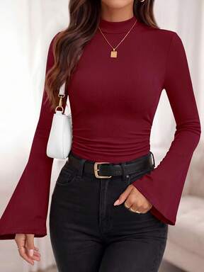 Womens Fall Long Sleeve Shirts  Bell Sleeve Mock Turtleneck Ribbed Going Out Tops Casual Ruched YK Clothes Fall Clothes For Women $10.78 38% OFF