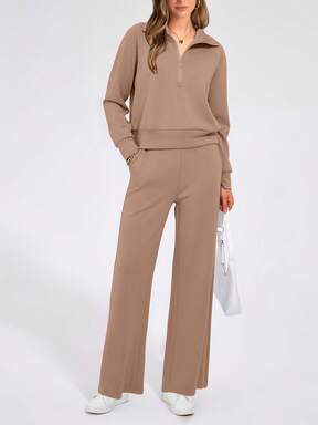 Women's Fall  Piece Outfits Casual Lapel Half Zip Sweatshirts And Wide Leg Pants Tracksuit Sets Fall Clothes For Women $8.80 60% OFF