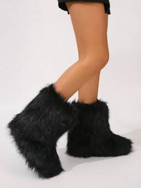 Women's Faux Fur Boot Furry Fluffy Round Toe Suede Winter Comfy Plush Warm Short Outdoor Indoor Flat Shoes Mid-Calf Boots Fashion Boots  Flash Sale