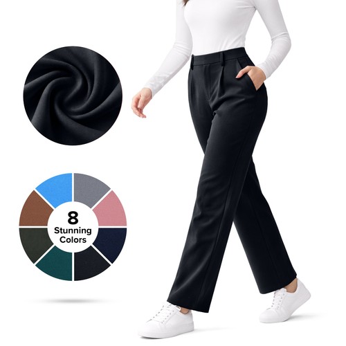 Women's High Waist Stretch Work Pants Straight Leg Wrinkle Resistant Pockets